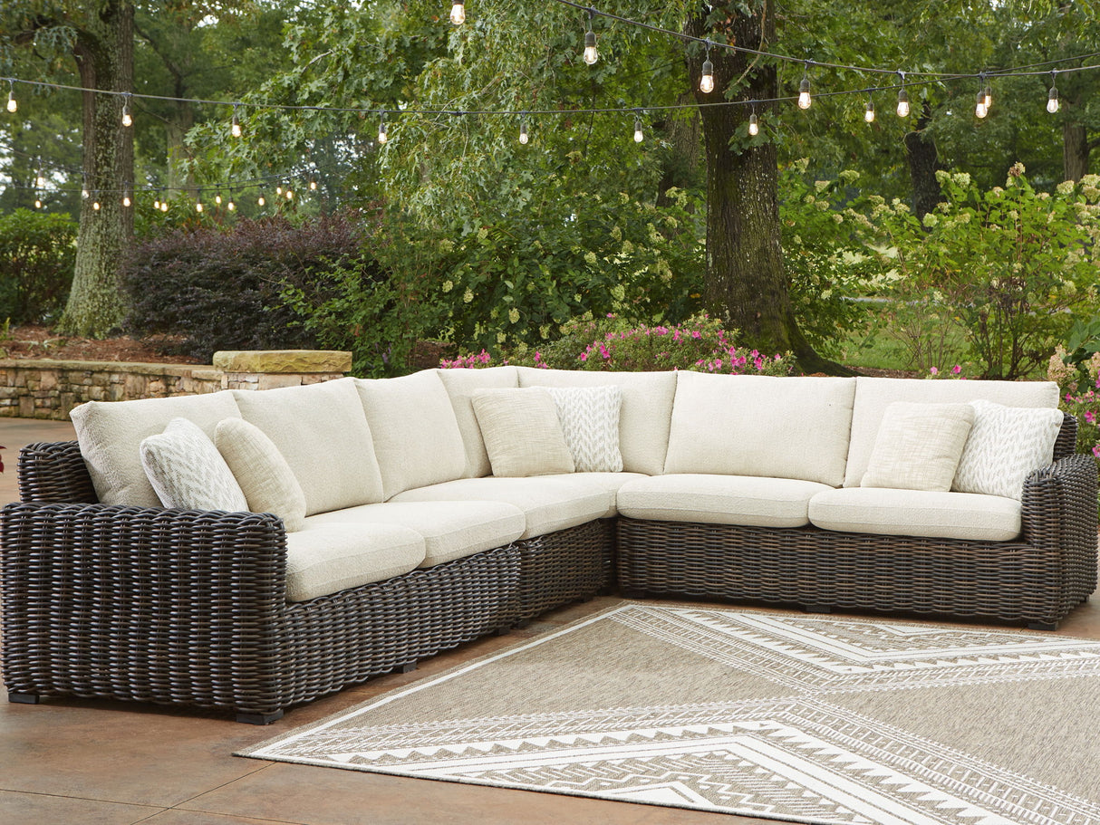 Kimora - 7 pzas. - Seccional de Exterior de 4 Piezas, Tumbona Reclinable Giratoria, Mesa de Centro, Mesa Auxiliar - Beige / Marrón Oscuro