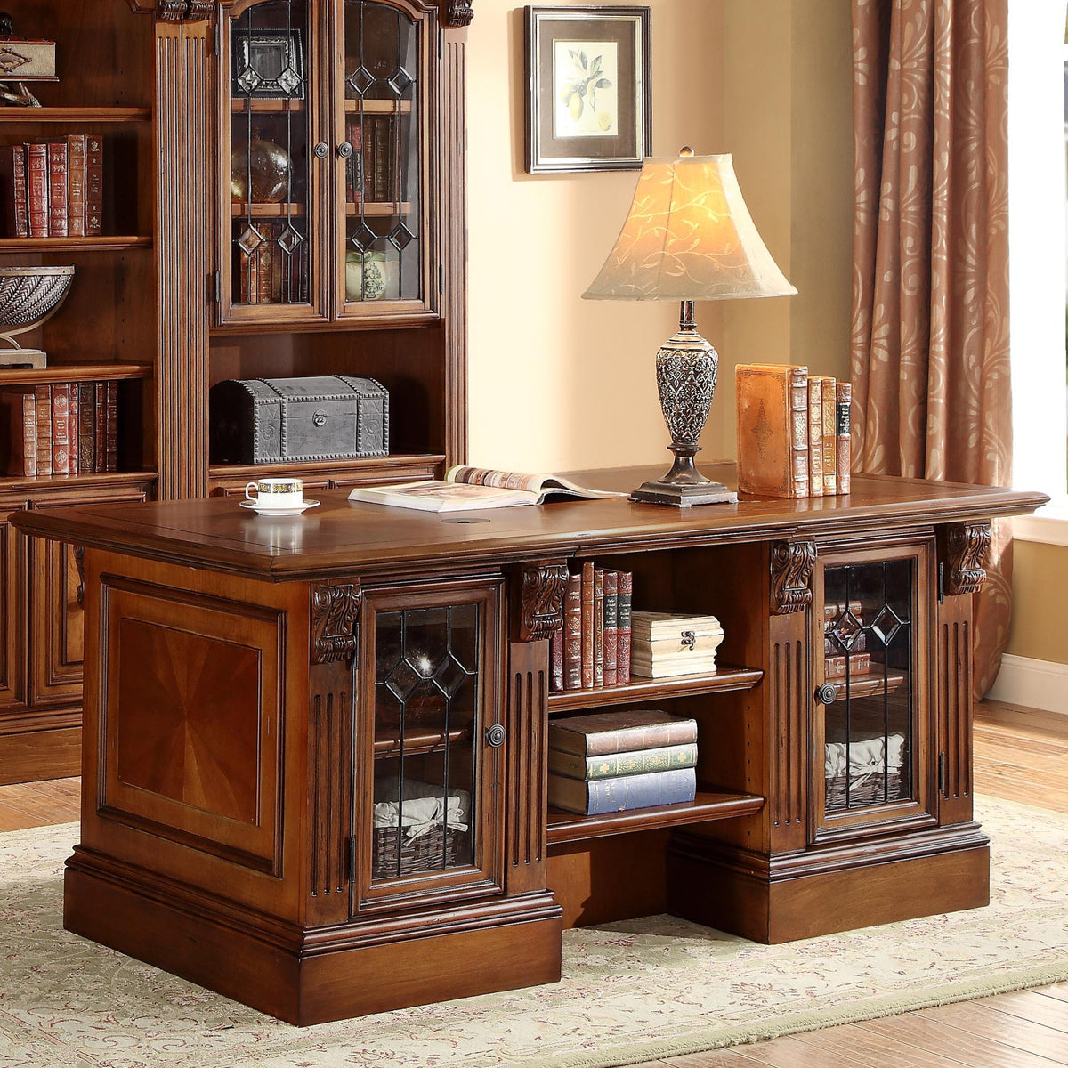 Huntington - Double Pedestal Executive Desk - Antique Vintage Pecan