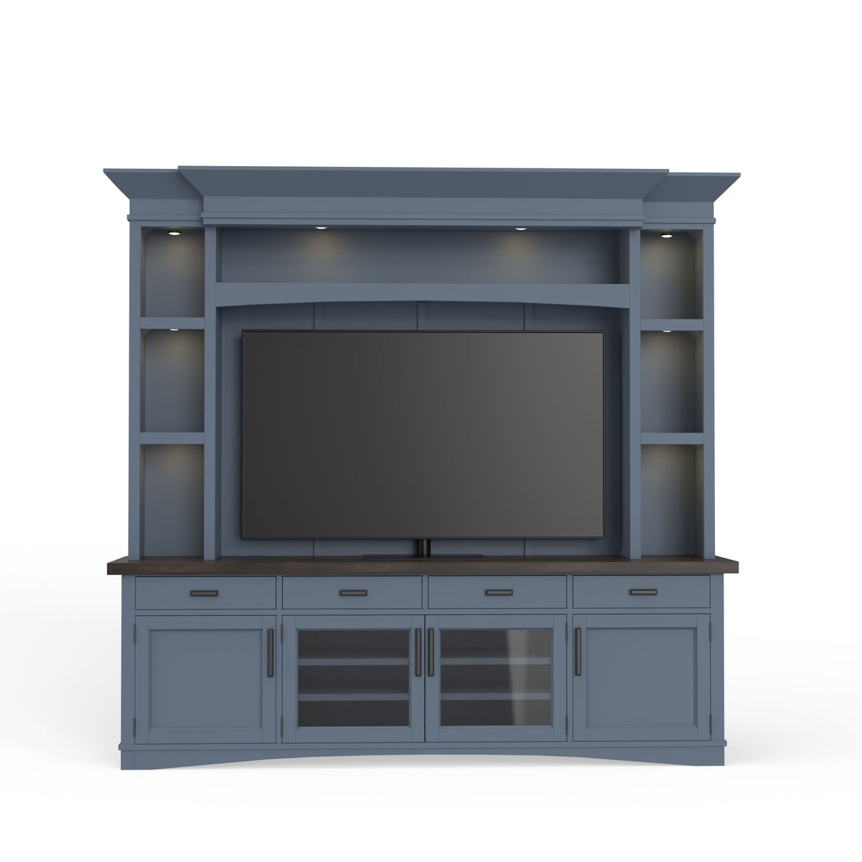 Americana Modern - Consola de TV con vitrina, panel trasero y luces LED