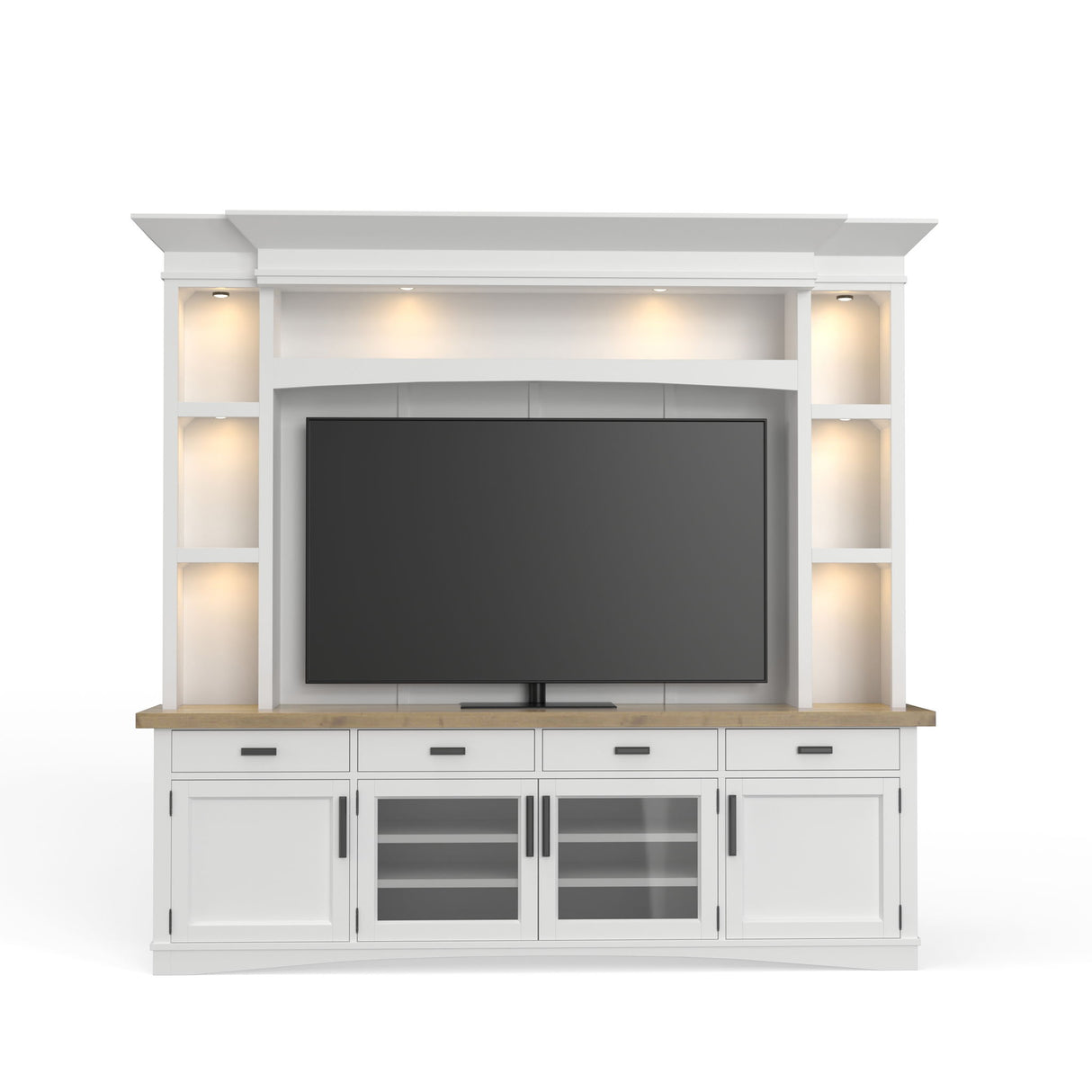 Americana Modern - Consola de TV con vitrina, panel trasero y luces LED