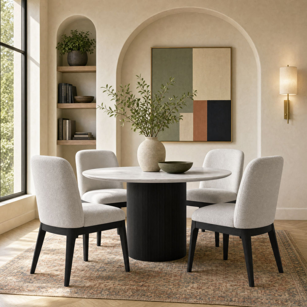 Sylvie - Mesa de comedor redonda con tablero de imitación mármol