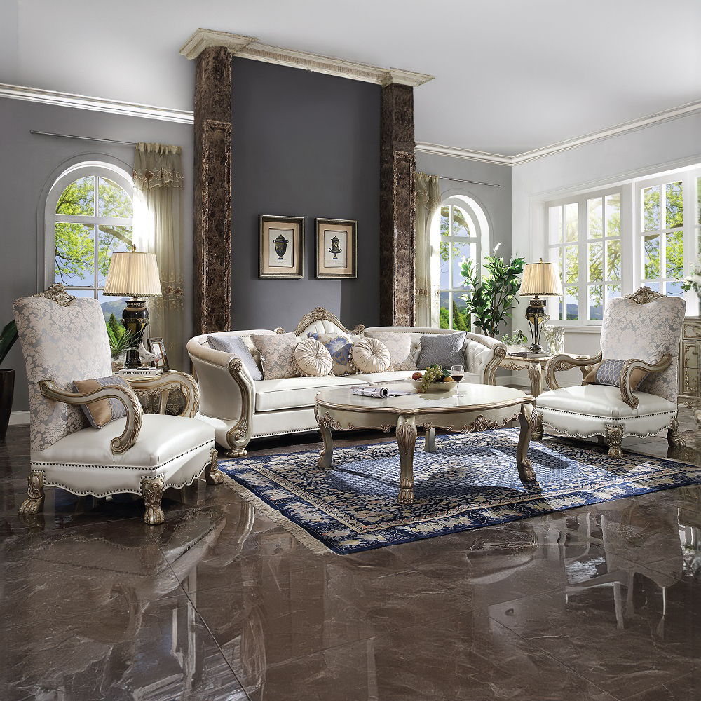 Dresden II - Chair With Pillow - Pearl Synthetic Leather /Fabric & Gold Patina