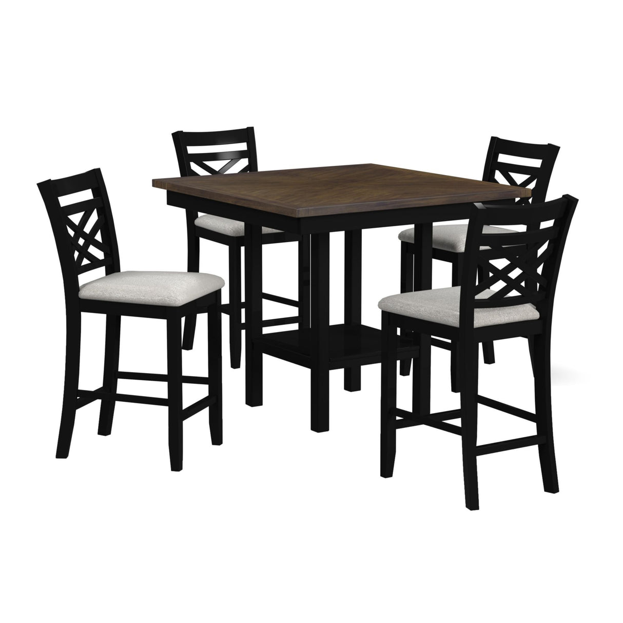 Brooks - Juego de mostrador de 5 piezas con mesa y 4 sillas con asiento tapizado y respaldo de madera - Marrón medio y negro