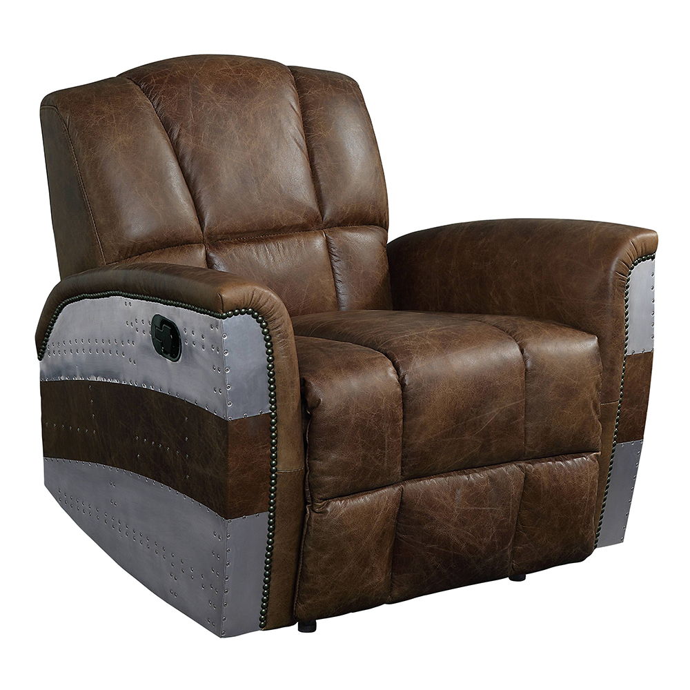 Brancaster - Sillón Reclinable - Piel de Grano Superior Marrón Retro y Aluminio