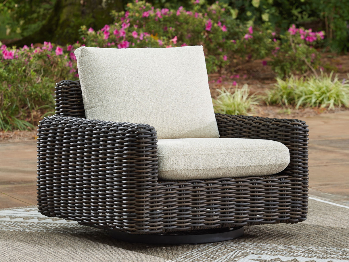 Kimora - 7 pzas. - Seccional de Exterior de 4 Piezas, Tumbona Reclinable Giratoria, Mesa de Centro, Mesa Auxiliar - Beige / Marrón Oscuro
