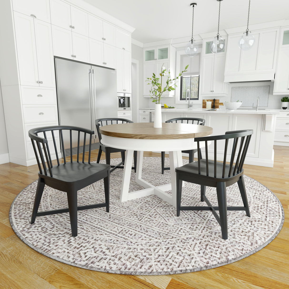 Americana Modern Dining - Round Dining Table And 4 Black Barrel Chairs - Cotton