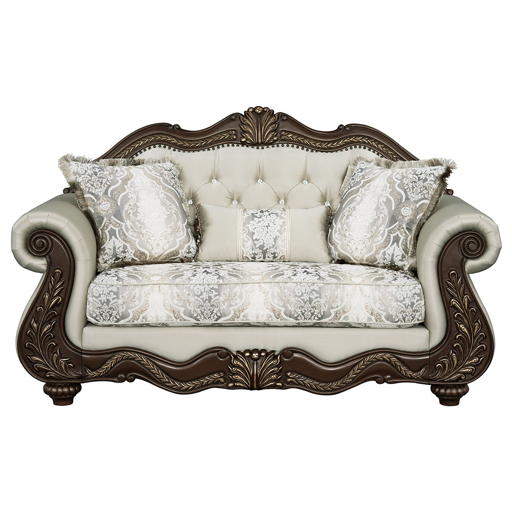 Loveseat Pierce con 3 almohadas - Tapizado en tela beige y acabado en cerezo