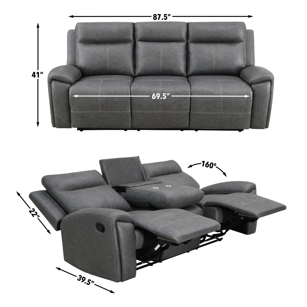 Gaston - Sofá Reclinable Manual - Gris