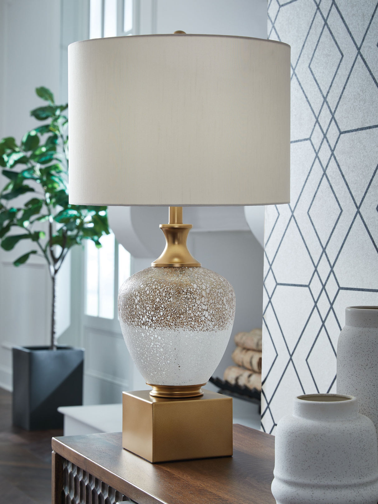 Tavisburg - Lámpara de mesa de cristal - Marrón / Blanco / Dorado