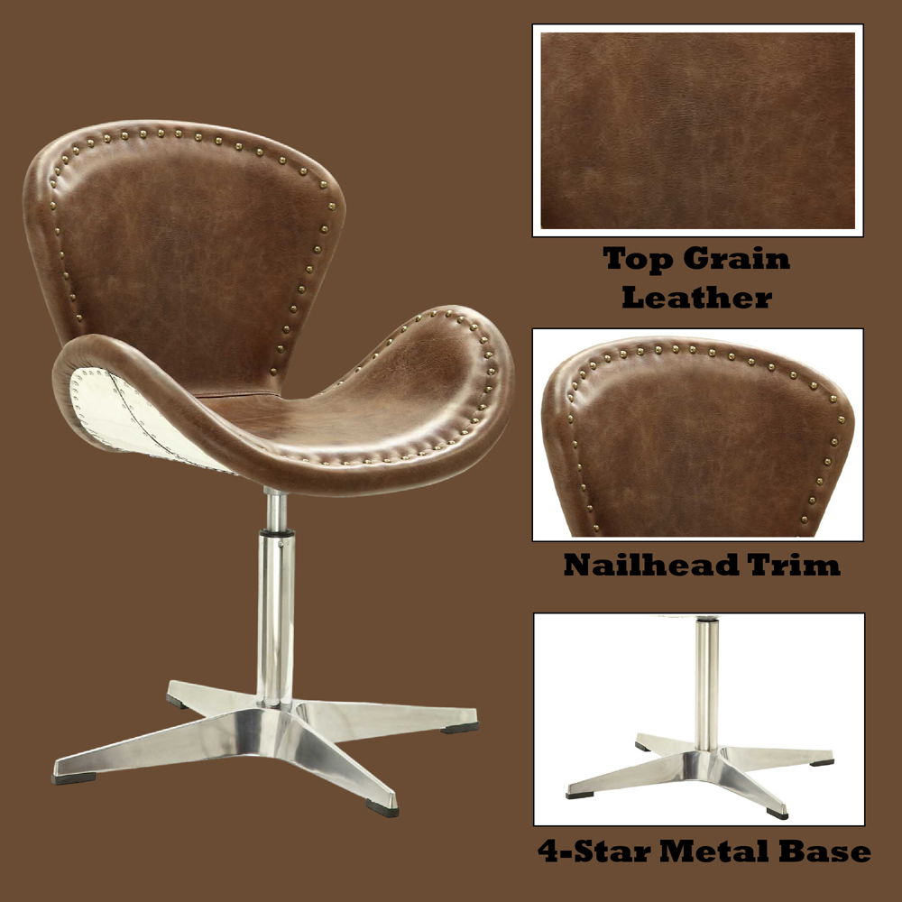 Brancaster - Sillón - Cuero de grano superior marrón retro y aluminio - 83.82 cm