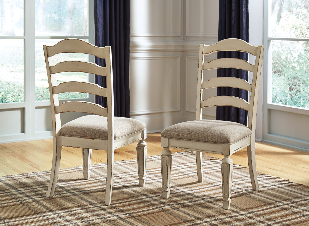 Realyn - Silla lateral de comedor tapizada (juego de 2) - Respaldo tipo escalera - Blanco desconchado
