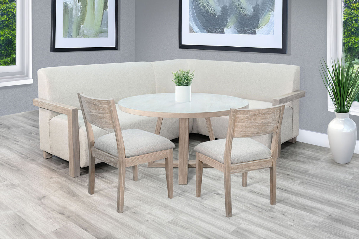 4-Piece Upholstered Dining Set (Bench, Round Table, 2 Side Chairs) - Wheat