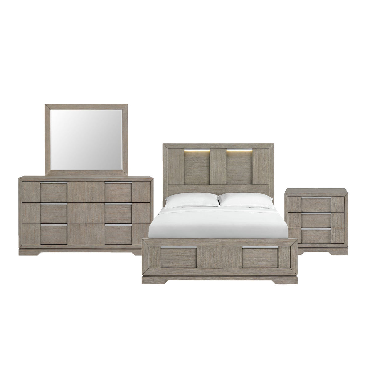 Kelis - Juego de dormitorio de 4 piezas con cama queen de panel y LED - Gris