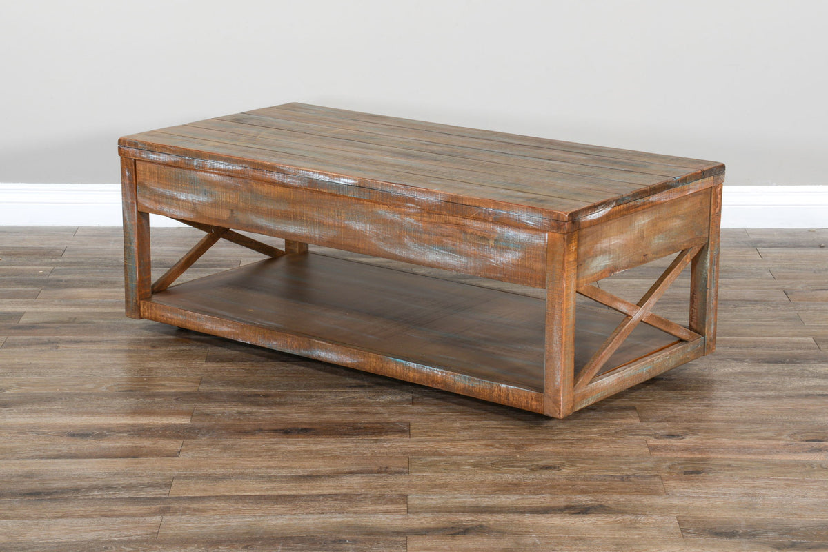 Durango - Cocktail Table (No Basket) With Planked Top - Weathered Brown
