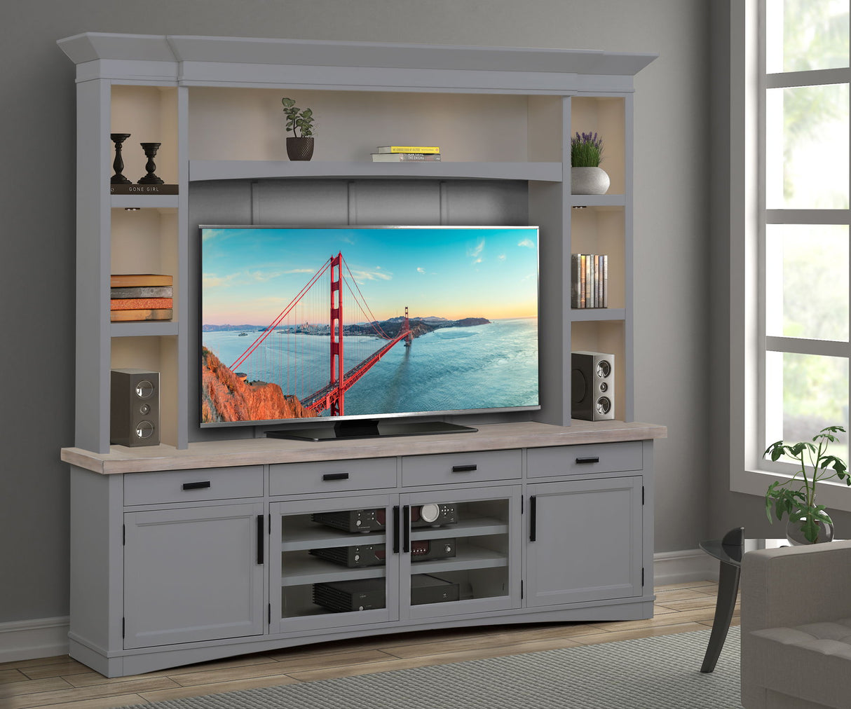 Americana Modern - TV Console with Hutch, Backpanel and LED Lights alternate view 8