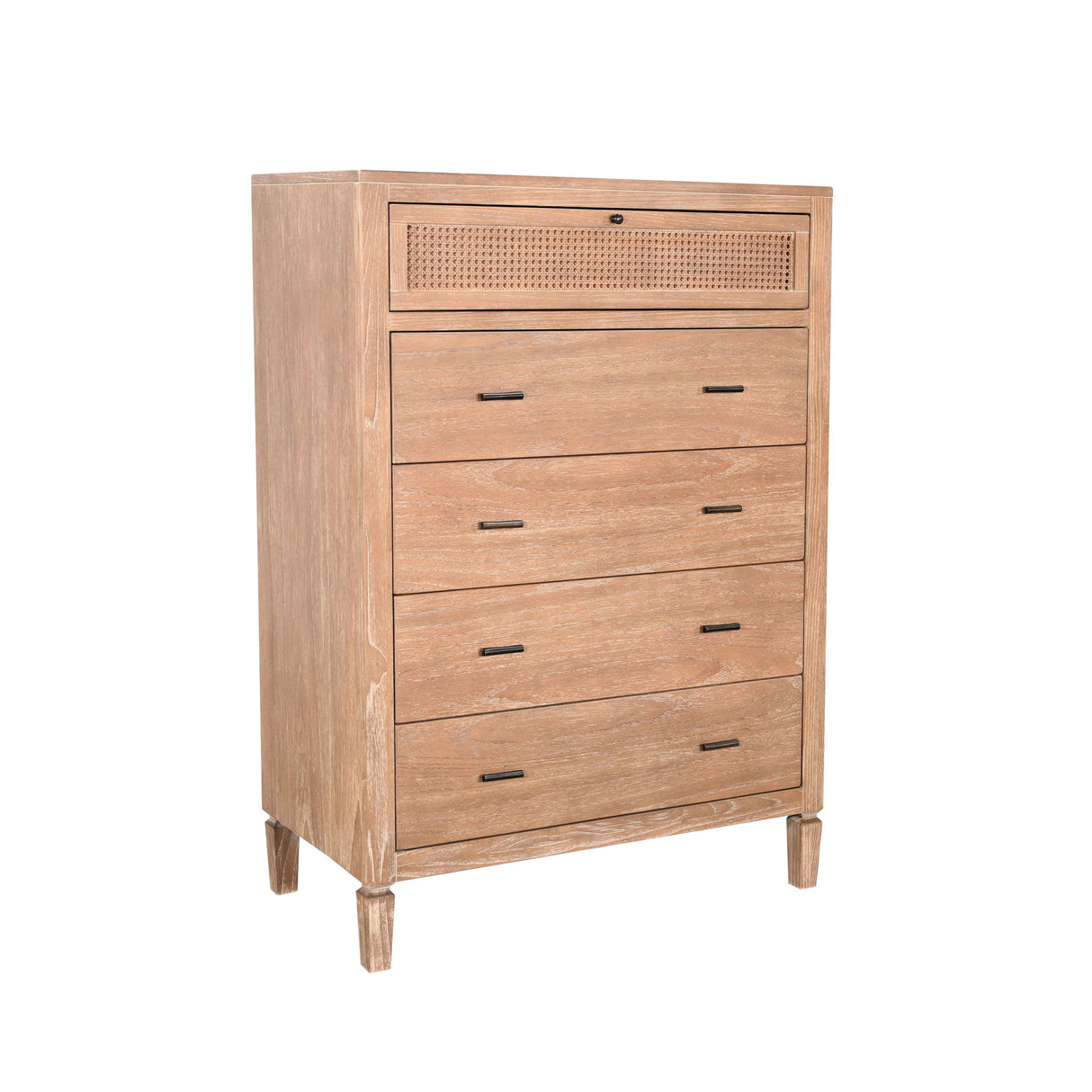 Natural Wood 5-Drawer Chest With Woven Rattan Detail - Oak Grove