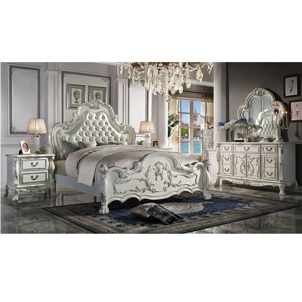 Dresden - Cama tapizada Queen - Acabado blanco hueso