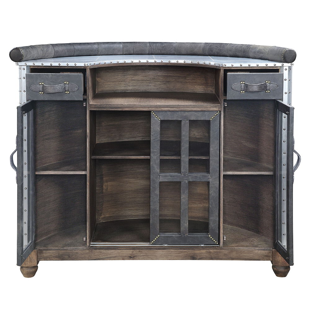 Rahma - Mesa de Bar - Cuero Flor Superior Ébano Antiguo y Aluminio