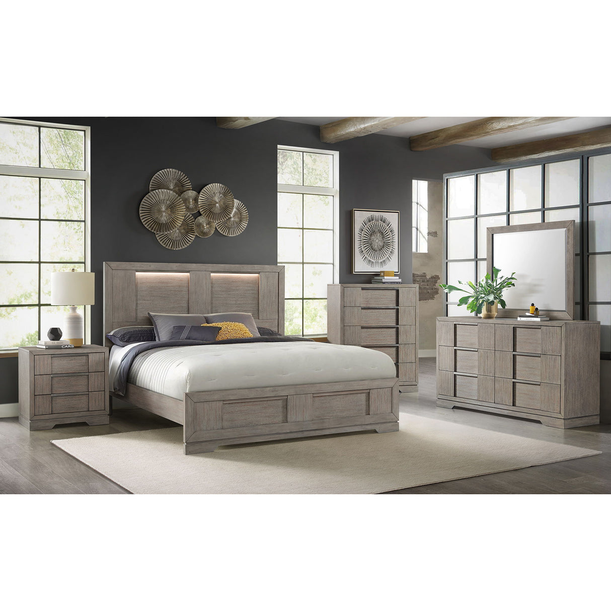 Kelis - 4 Piece Bedroom Set With Queen Panel Bed And LED - Gray