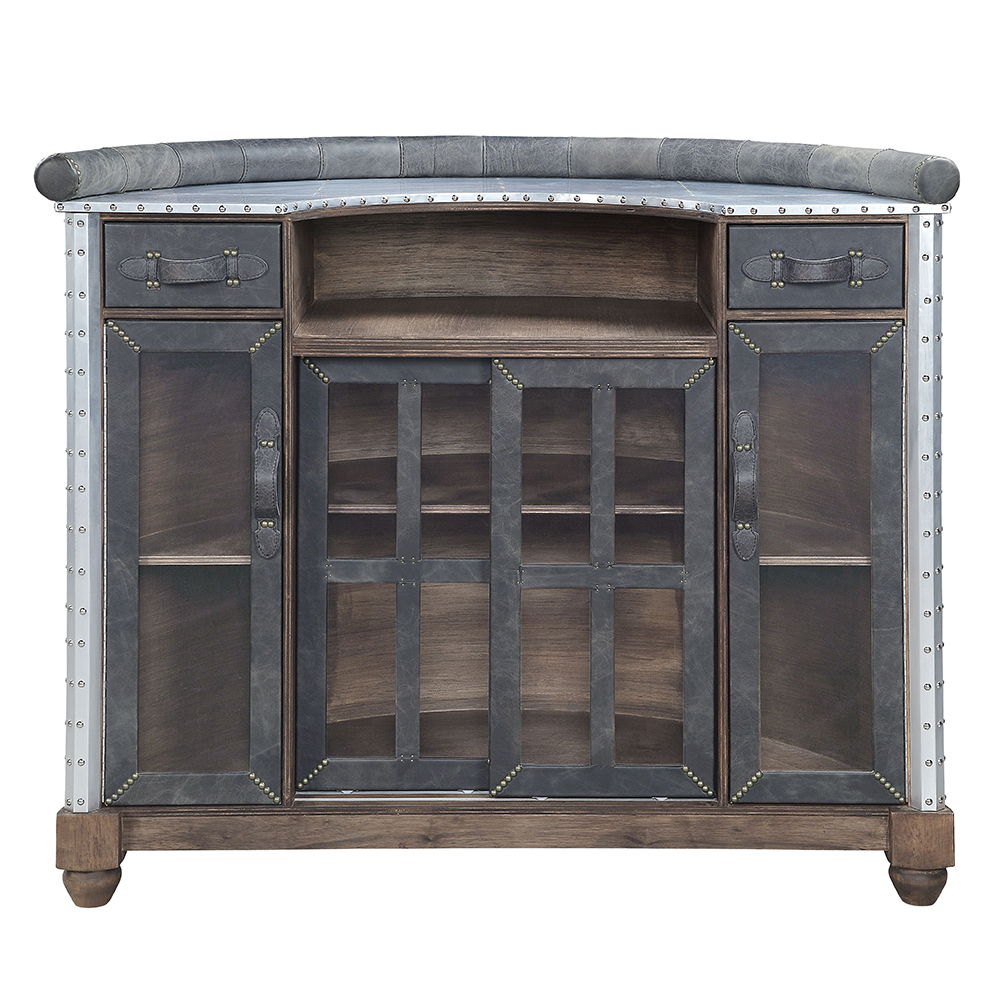 Rahma - Mesa de Bar - Cuero Flor Superior Ébano Antiguo y Aluminio