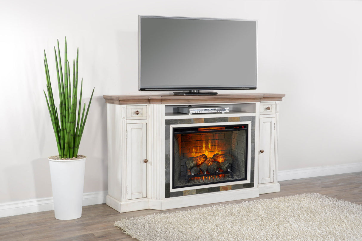 72" Media Console With Wood Electric Fireplace Insert - Marble White