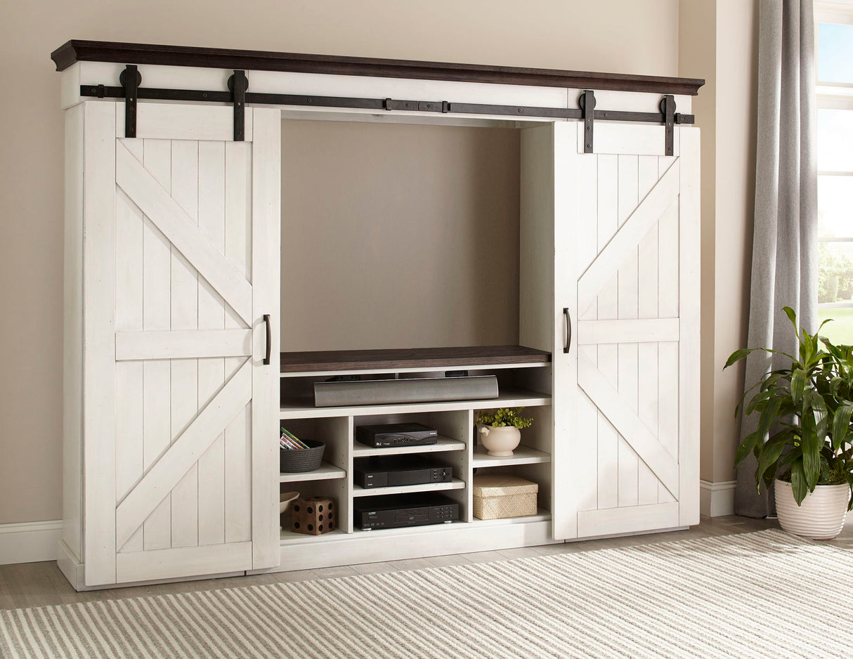 Carriage House - 109" Entertainment Wall - Cottage White / Europen Dark