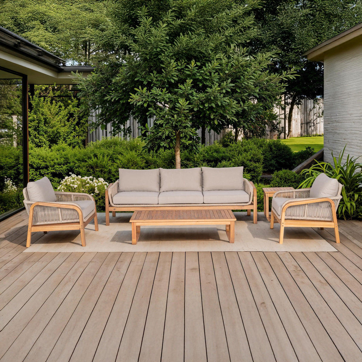 Cascade - 5 Piece Set (Sofa, 2 Chairs, Slat Top Coffee Table, End Table) - Natural