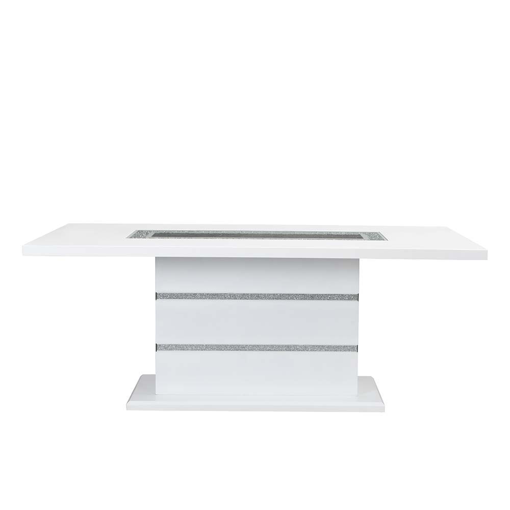 Elizaveta - Mesa de comedor - Terciopelo gris, cristales de imitación y acabado blanco brillante