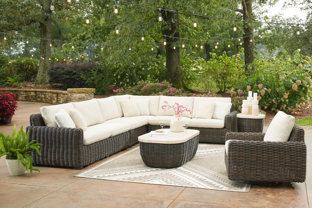 Kimora - 7 pzas. - Seccional de Exterior de 4 Piezas, Tumbona Reclinable Giratoria, Mesa de Centro, Mesa Auxiliar - Beige / Marrón Oscuro