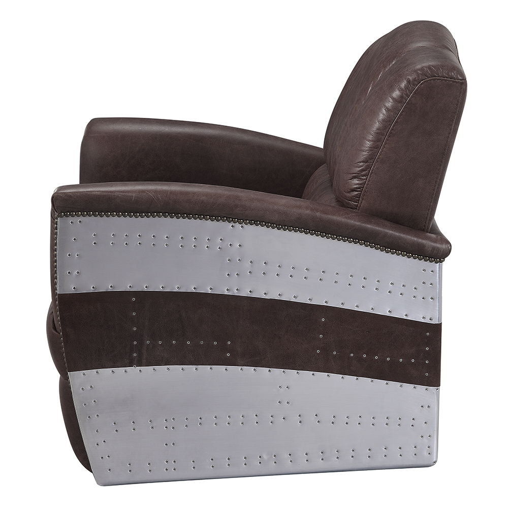 Brancaster - Sillón - Piel de plena flor marrón retro y aluminio - 89 cm