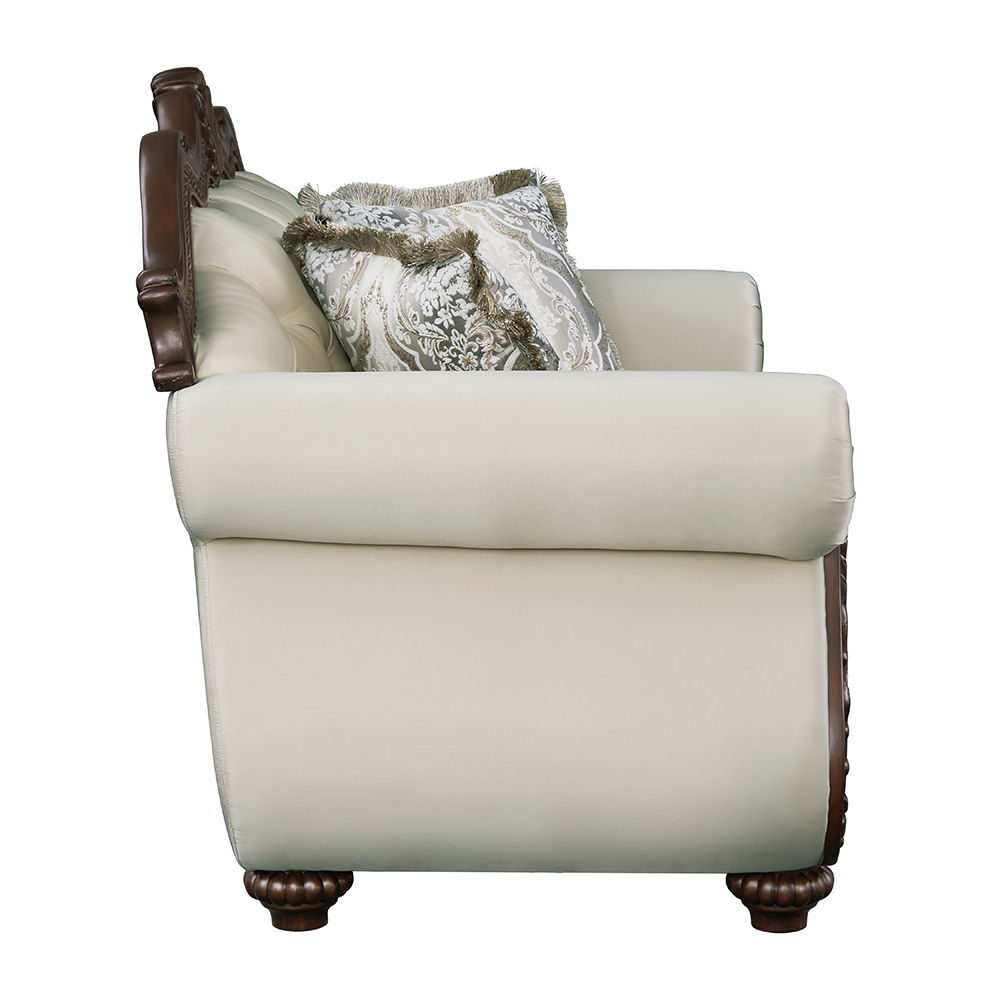 Loveseat Pierce con 3 almohadas - Tapizado en tela beige y acabado en cerezo