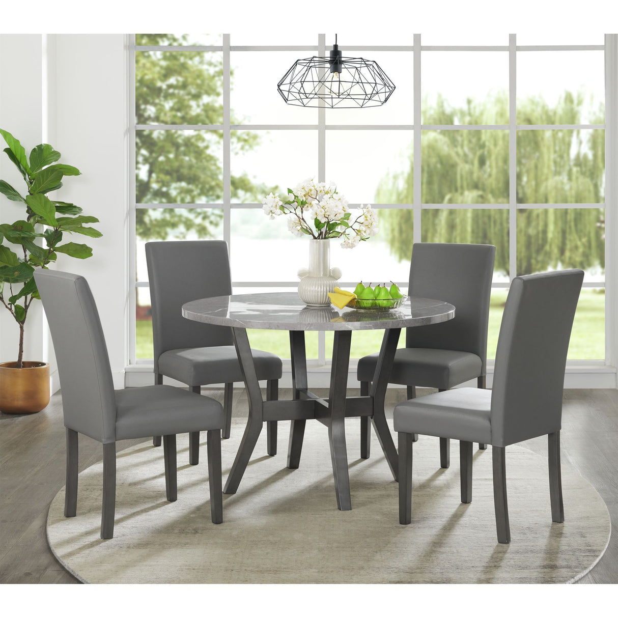 Ambridge - 5 Piece Round Dining Set With Faux Marble Top - Brushed Gray