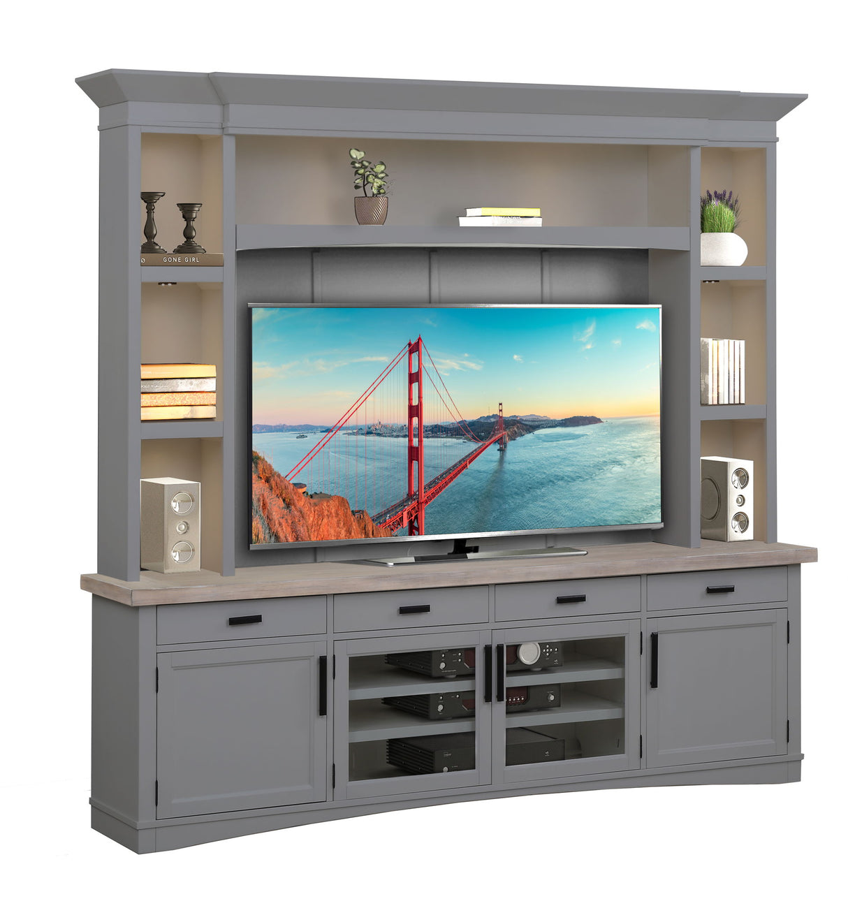 Americana Modern - Consola de TV con vitrina, panel trasero y luces LED