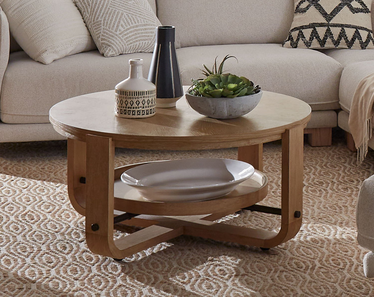 Escape - Mesa de centro redonda con estante - Roble natural glaseado / Adornos de metal negro