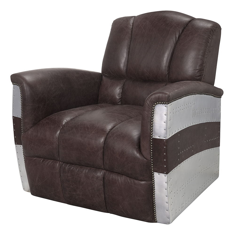Brancaster - Sillón - Piel de plena flor marrón retro y aluminio - 89 cm