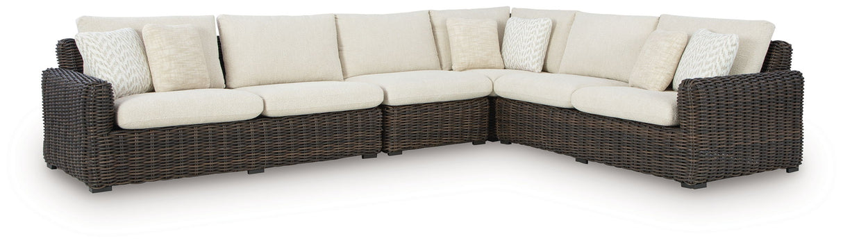 Kimora - 7 pzas. - Seccional de Exterior de 4 Piezas, Tumbona Reclinable Giratoria, Mesa de Centro, Mesa Auxiliar - Beige / Marrón Oscuro