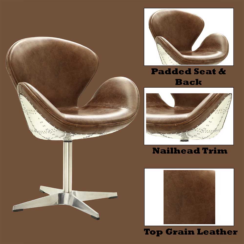 Brancaster - Sillón ocasional - Cuero de plena flor marrón retro y aluminio