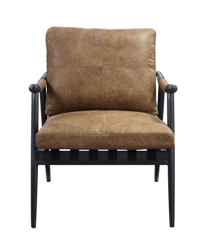 Anzan - Sillón decorativo - Cuero de grano superior color castaño Berham y acabado de hierro mate