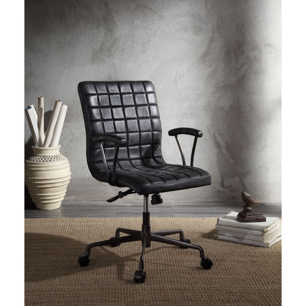 Barack - Silla de oficina ejecutiva - Piel de grano superior negra vintage y aluminio