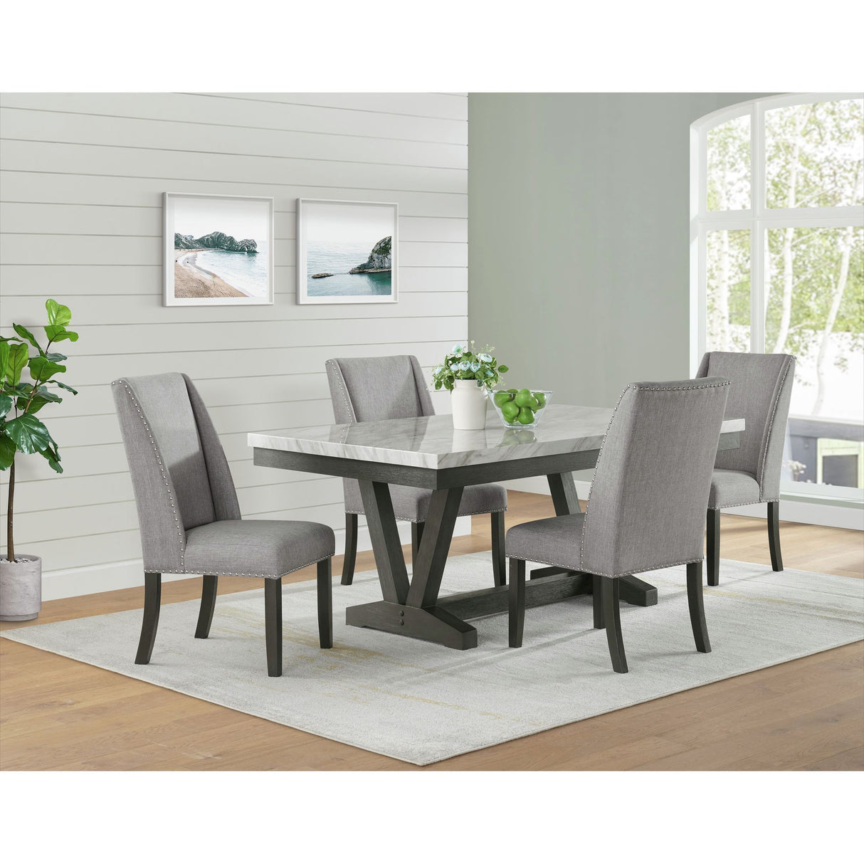 Everdeen - Mesa de Comedor con Cubierta de Mármol Sintético Blanco - Carbón