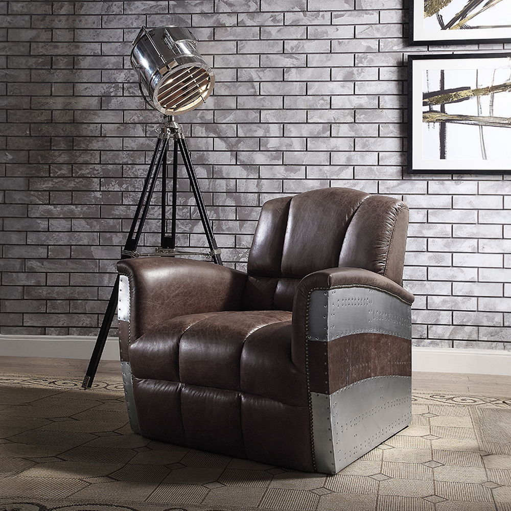 Brancaster - Sillón - Piel de plena flor marrón retro y aluminio - 89 cm