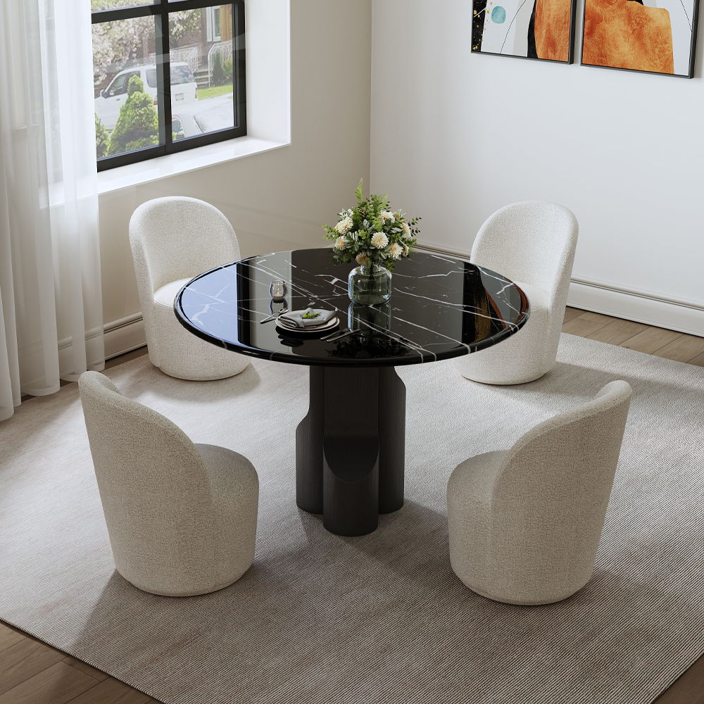 Kinton - Round Dining Table With Natural Marble Top - Black