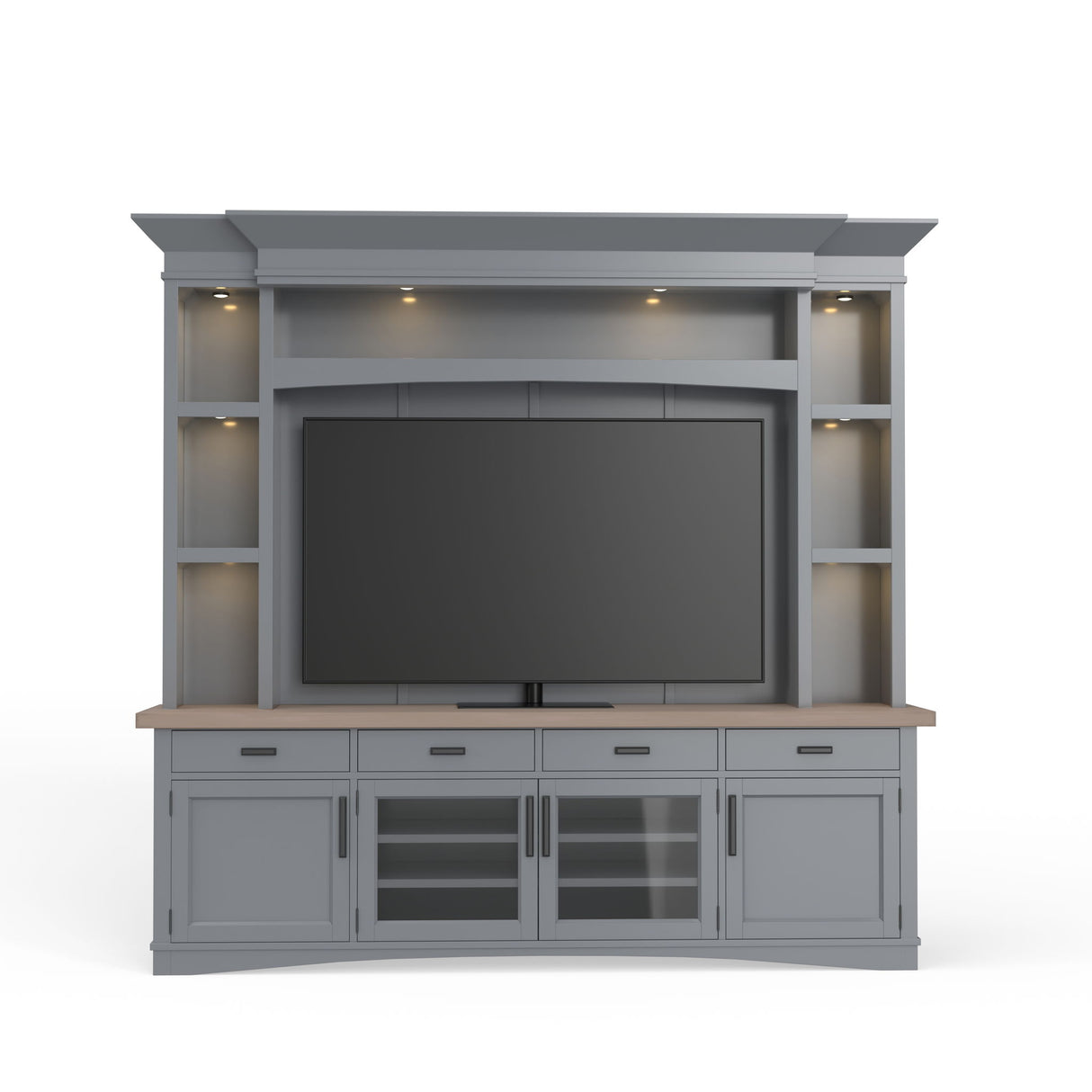 Americana Modern - Consola de TV con vitrina, panel trasero y luces LED