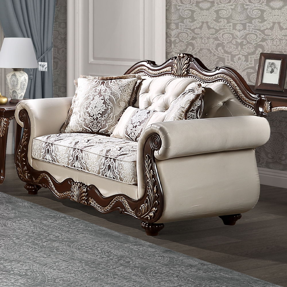 Loveseat Pierce con 3 almohadas - Tapizado en tela beige y acabado en cerezo