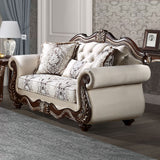Loveseat Pierce con 3 almohadas - Tapizado en tela beige y acabado en cerezo