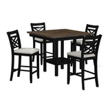 Brooks - Juego de mostrador de 5 piezas con mesa y 4 sillas con asiento tapizado y respaldo de madera - Marrón medio y negro