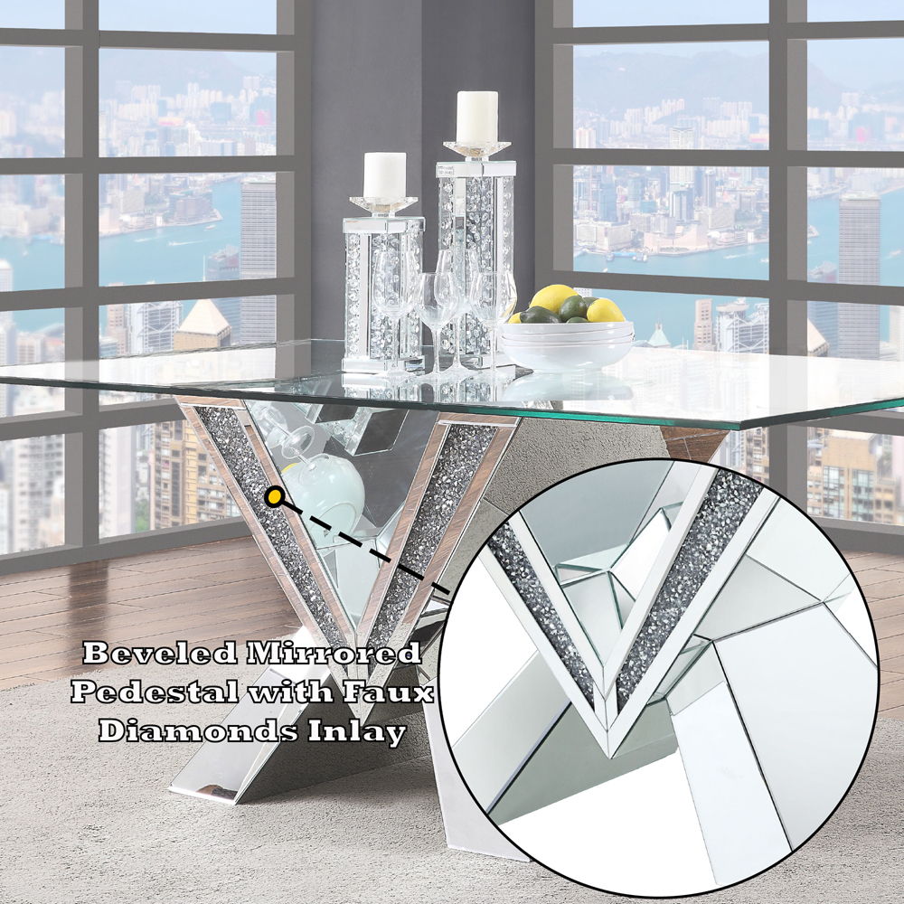 Noralie - Mesa de Comedor - Espejo, Imitación de Diamantes y Vidrio Transparente - 30"