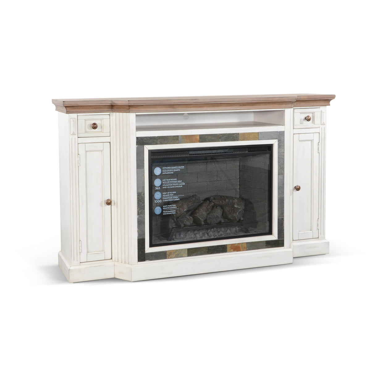 72" Media Console With Wood Electric Fireplace Insert - Marble White