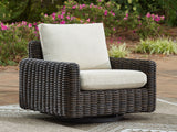 Kimora - 7 pzas. - Seccional de Exterior de 4 Piezas, Tumbona Reclinable Giratoria, Mesa de Centro, Mesa Auxiliar - Beige / Marrón Oscuro