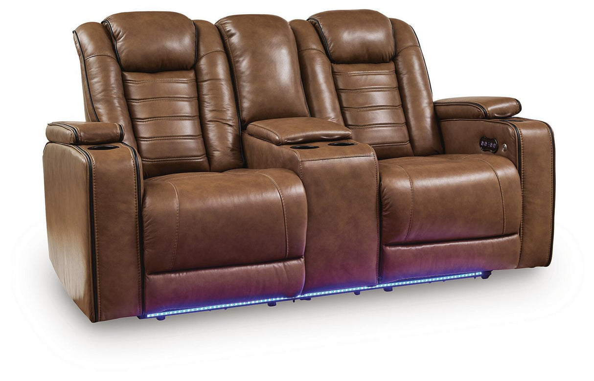 Gruaro - Sofá biplaza reclinable eléctrico con consola / Reposacabezas ajustable - Ámbar